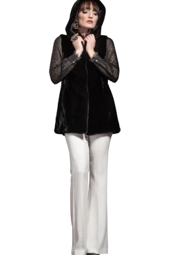 Hot American Hooded Vertical Mink Fur Vest Women Mink|Fur Vests