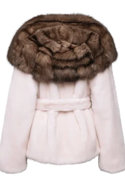 Belted Mink Fur Jacket - Tortora Sable Fur Hood Women Mink|Fur Jackets
