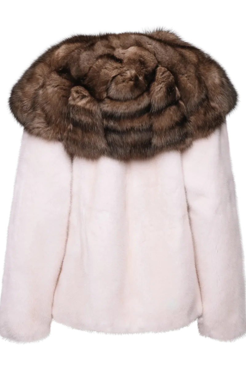Belted Mink Fur Jacket - Tortora Sable Fur Hood Women Mink|Fur Jackets