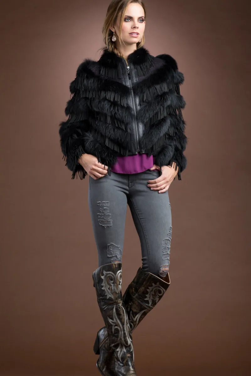 Black Fox and Suede Fringe Lace Fur Jacket Women Fur Jackets