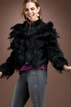 Black Fox and Suede Fringe Lace Fur Jacket Women Fur Jackets