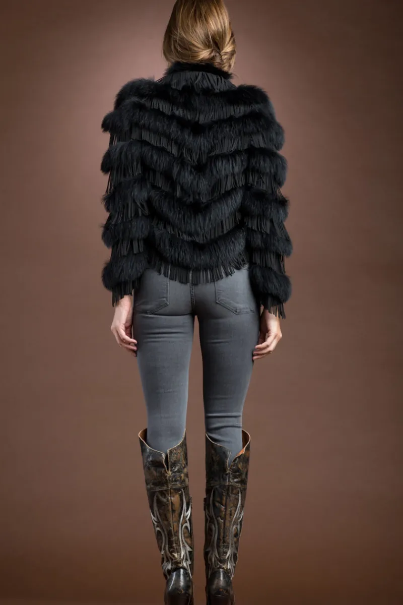 Black Fox and Suede Fringe Lace Fur Jacket Women Fur Jackets