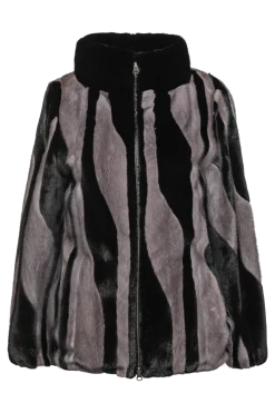 Best Black Star & Blue Iris Patterned Zip-Up Mink Fur Jacket Women Mink|Fur Jackets