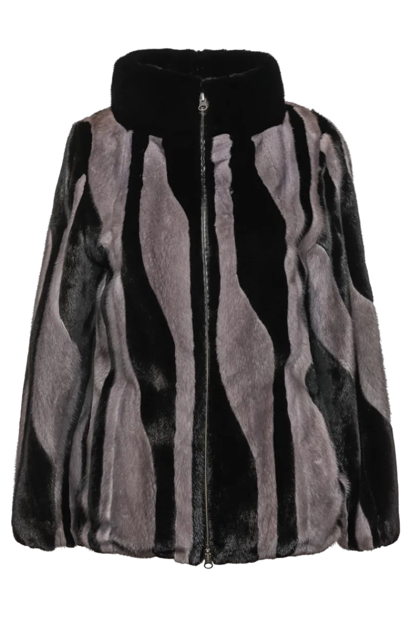 Best Black Star & Blue Iris Patterned Zip-Up Mink Fur Jacket Women Mink|Fur Jackets