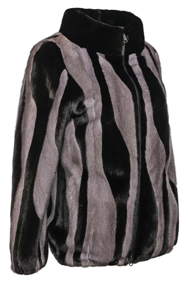 Best Black Star & Blue Iris Patterned Zip-Up Mink Fur Jacket Women Mink|Fur Jackets
