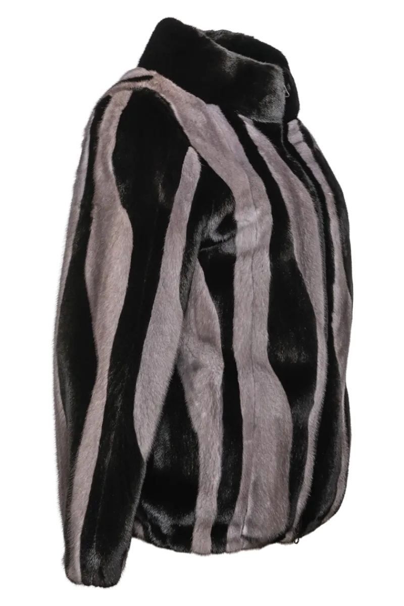 Best Black Star & Blue Iris Patterned Zip-Up Mink Fur Jacket Women Mink|Fur Jackets