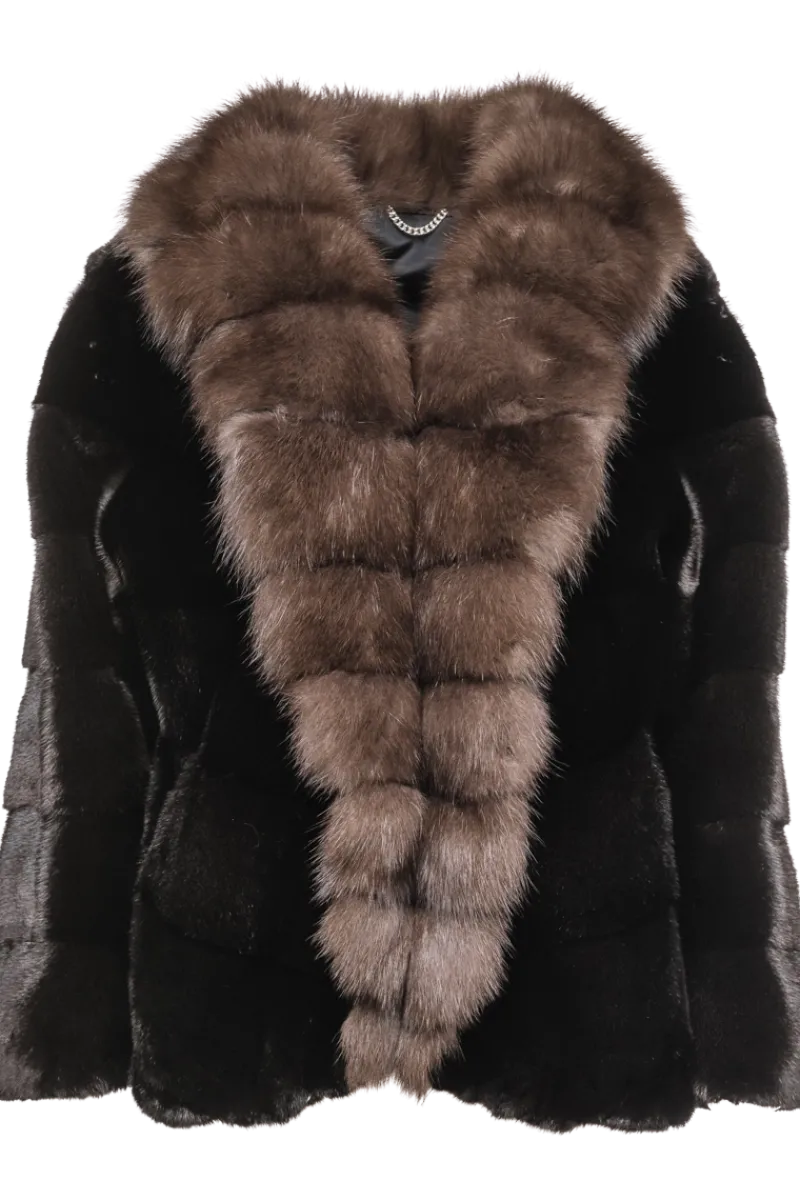 New Chevron Blackglama Mink Fur Jacket - Stone Marten Trim Women Fur Jackets