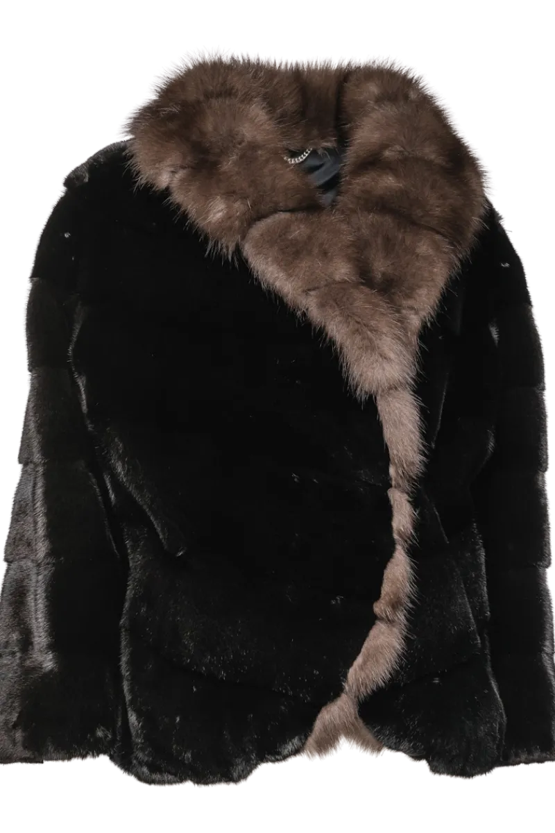New Chevron Blackglama Mink Fur Jacket - Stone Marten Trim Women Fur Jackets