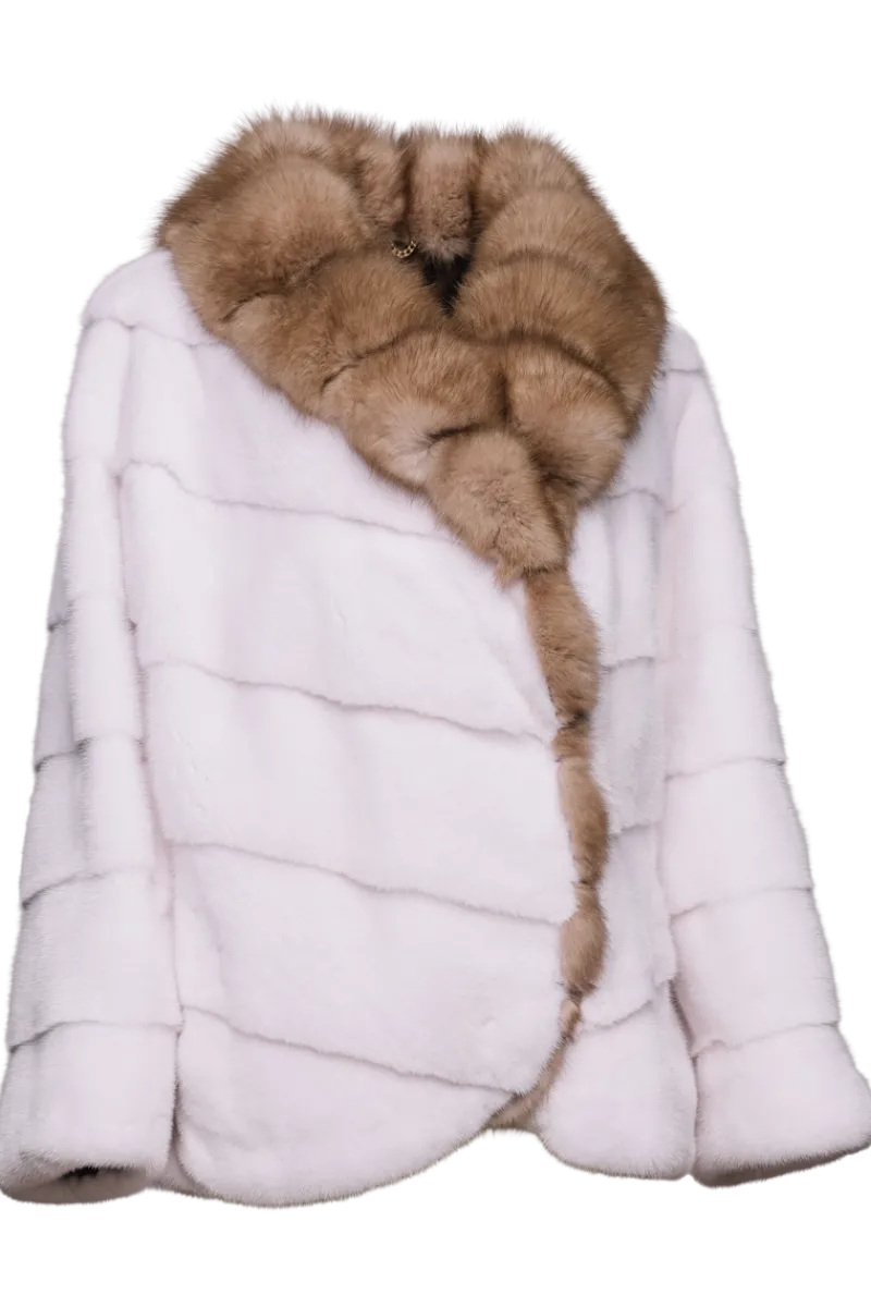 Online Chevron Snow White Mink Fur Jacket - Stone Marten Trim Women Mink|Fur Jackets