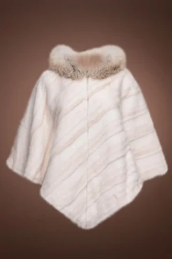 Clearance Diagonal & White Mink Fur Poncho - Fox Trimmed Hood Women Fur Jackets
