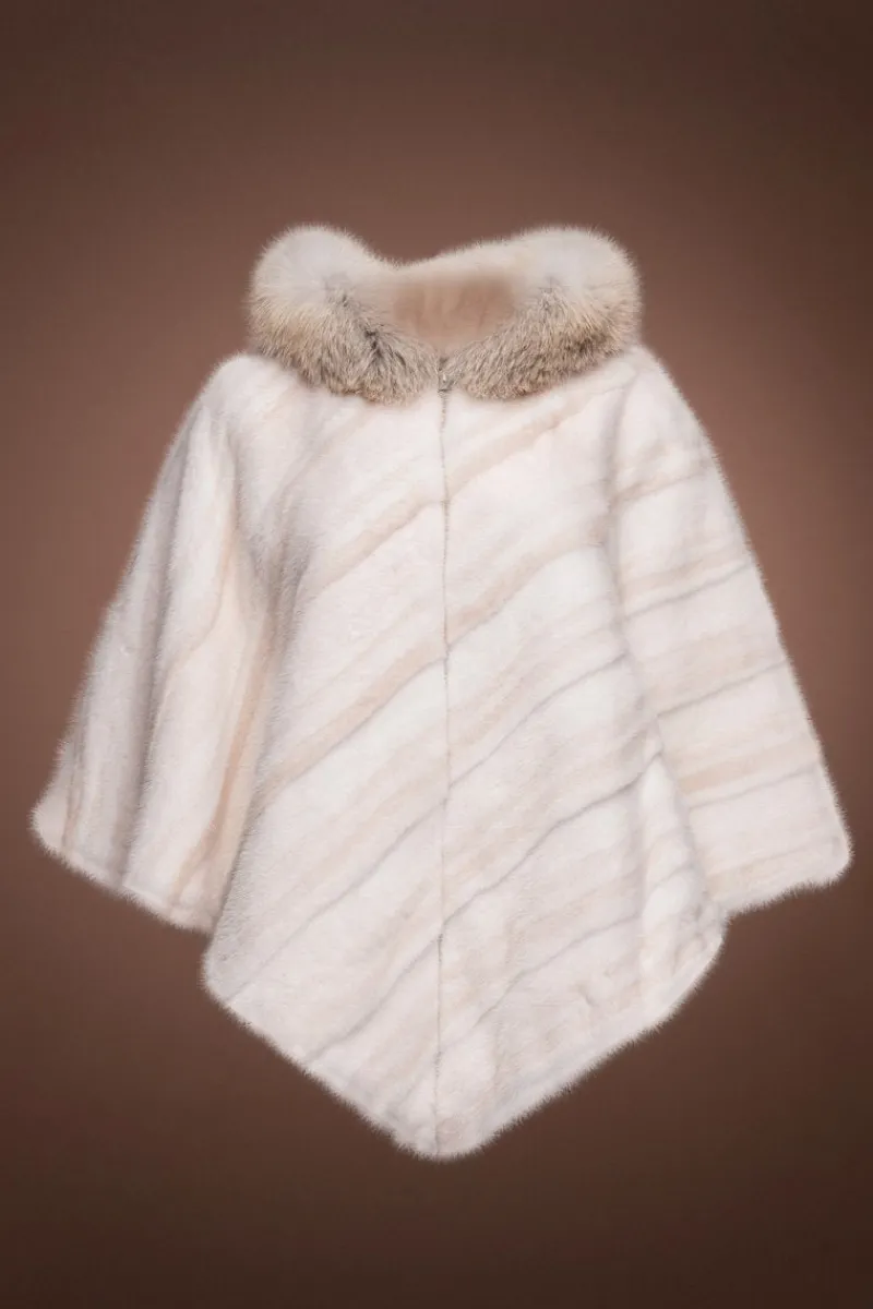 Clearance Diagonal & White Mink Fur Poncho - Fox Trimmed Hood Women Fur Jackets