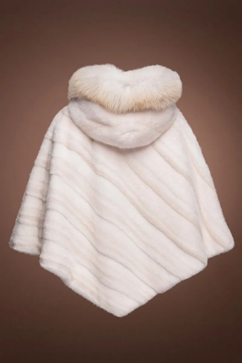 Clearance Diagonal & White Mink Fur Poncho - Fox Trimmed Hood Women Fur Jackets