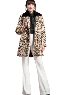 Sale Funny Girl Leopard Print Mid Length Kidskin Fur Coat - Removeable Mink Wing Collar Women Fur Coats