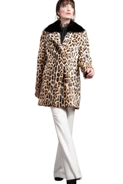 Sale Funny Girl Leopard Print Mid Length Kidskin Fur Coat - Removeable Mink Wing Collar Women Fur Coats