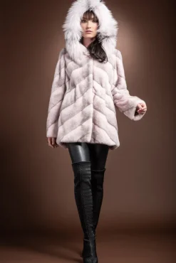 Sale Hooded Diagonal Light Pink Cross Mink and Fox Fur Jacket Women Fur Jackets