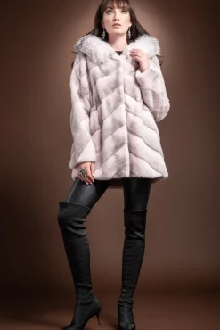 Sale Hooded Diagonal Light Pink Cross Mink and Fox Fur Jacket Women Fur Jackets