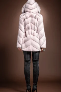 Sale Hooded Diagonal Light Pink Cross Mink and Fox Fur Jacket Women Fur Jackets