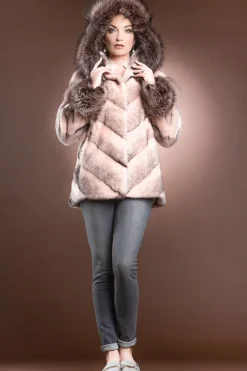 Hooded Directional Chevron Mink Fur Jacket - Fox Fur Hood Trim and Cuffs Women Fur Jackets
