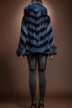 Hooded Directional Chevron Mink Fur Jacket - Fox Fur Hood Trim and Cuffs Women Fur Jackets