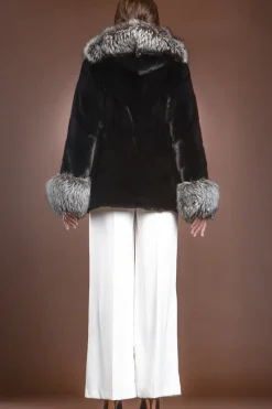 Hooded Directional Chevron Mink Fur Jacket - Fox Fur Hood Trim and Cuffs Women Fur Jackets