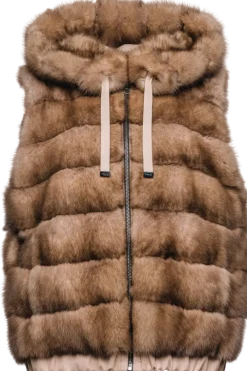 Best Hooded Reversible Tortora Sable Fur Vest - Loro Piana Cashmere Women Fur Jackets