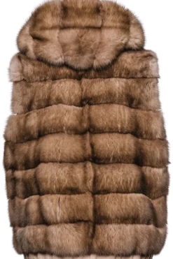 Best Hooded Reversible Tortora Sable Fur Vest - Loro Piana Cashmere Women Fur Jackets