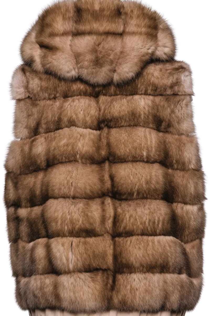Best Hooded Reversible Tortora Sable Fur Vest - Loro Piana Cashmere Women Fur Jackets