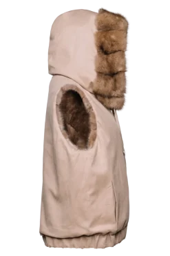 Best Hooded Reversible Tortora Sable Fur Vest - Loro Piana Cashmere Women Fur Jackets