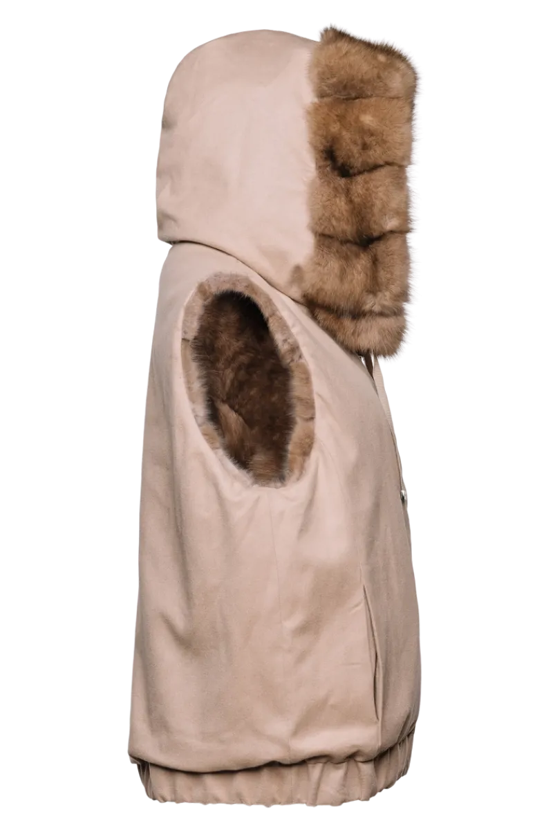 Best Hooded Reversible Tortora Sable Fur Vest - Loro Piana Cashmere Women Fur Jackets
