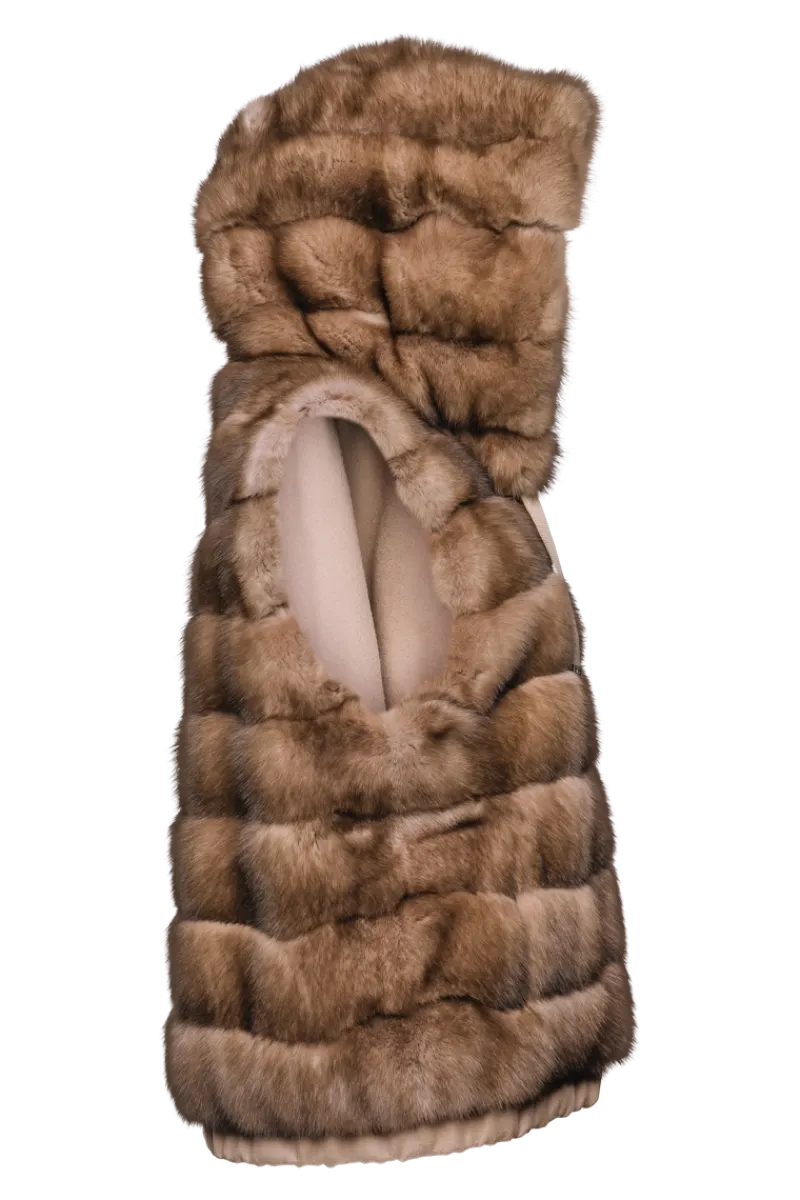 Best Hooded Reversible Tortora Sable Fur Vest - Loro Piana Cashmere Women Fur Jackets