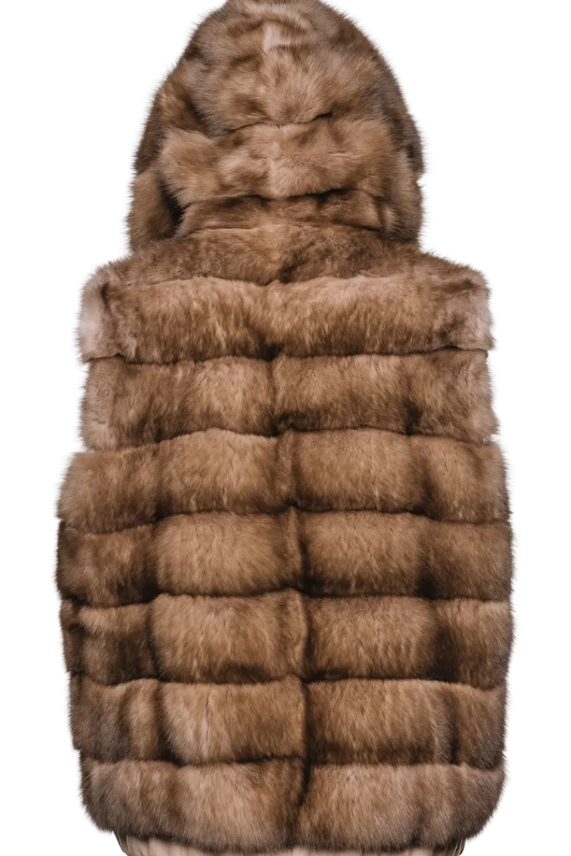 Best Hooded Reversible Tortora Sable Fur Vest - Loro Piana Cashmere Women Fur Jackets