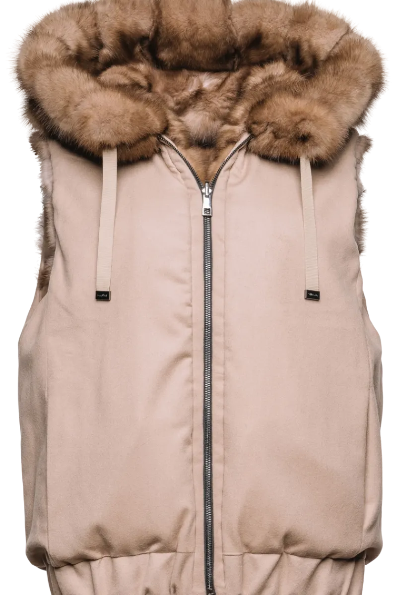 Best Hooded Reversible Tortora Sable Fur Vest - Loro Piana Cashmere Women Fur Jackets