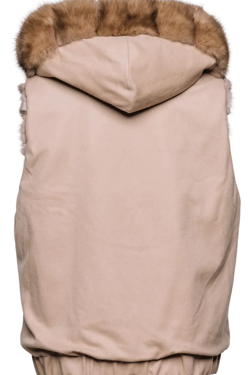 Best Hooded Reversible Tortora Sable Fur Vest - Loro Piana Cashmere Women Fur Jackets