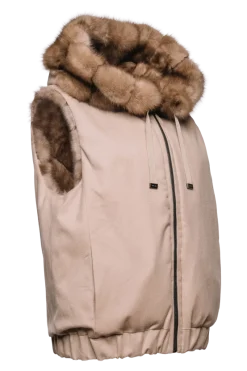 Best Hooded Reversible Tortora Sable Fur Vest - Loro Piana Cashmere Women Fur Jackets