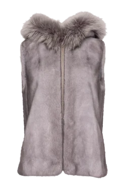 Discount Hooded Zip-Up Mink Fur Vest - Fox Fur Hood Trim Women Mink|Fur Vests