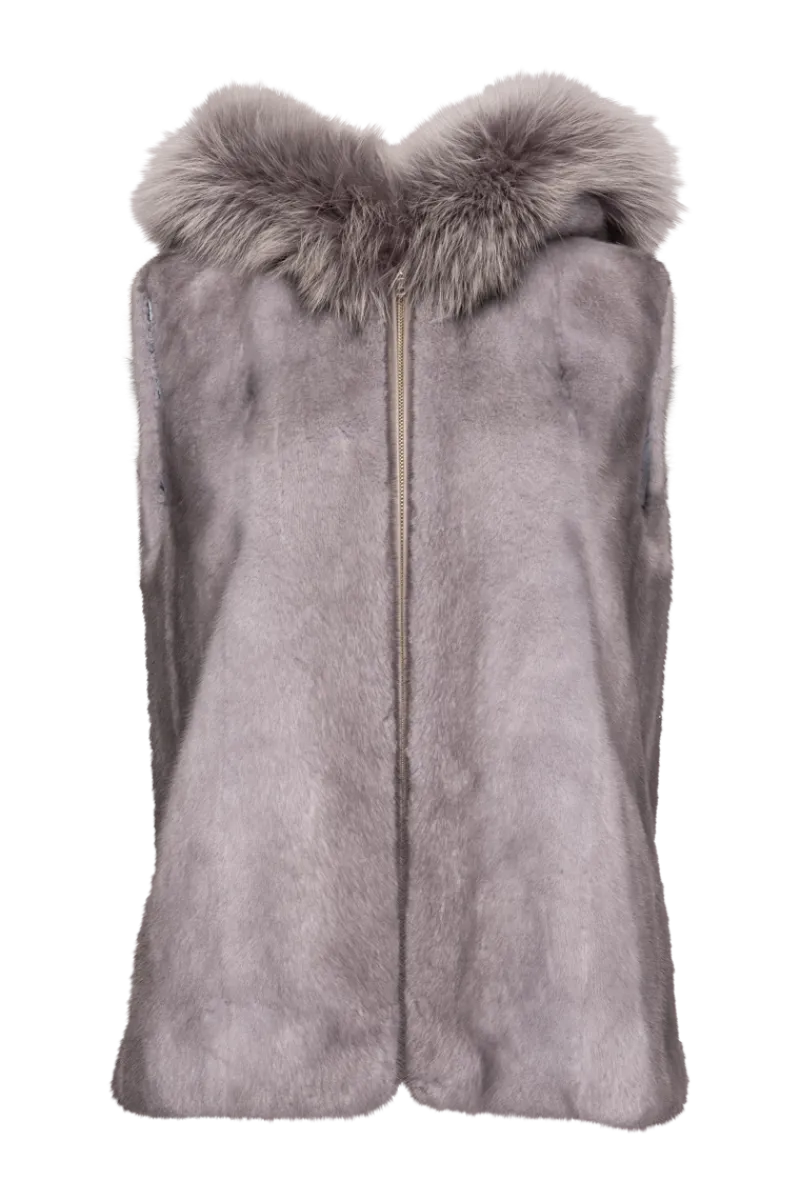 Discount Hooded Zip-Up Mink Fur Vest - Fox Fur Hood Trim Women Mink|Fur Vests