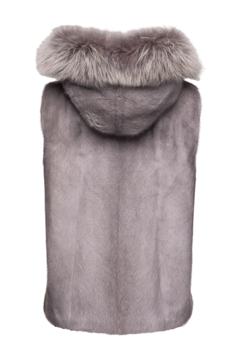 Discount Hooded Zip-Up Mink Fur Vest - Fox Fur Hood Trim Women Mink|Fur Vests