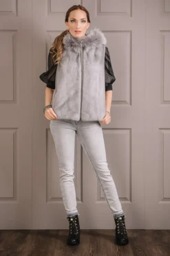 Discount Hooded Zip-Up Mink Fur Vest - Fox Fur Hood Trim Women Mink|Fur Vests
