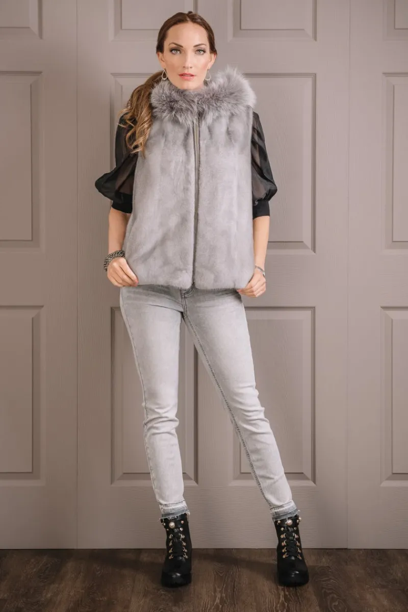 Discount Hooded Zip-Up Mink Fur Vest - Fox Fur Hood Trim Women Mink|Fur Vests
