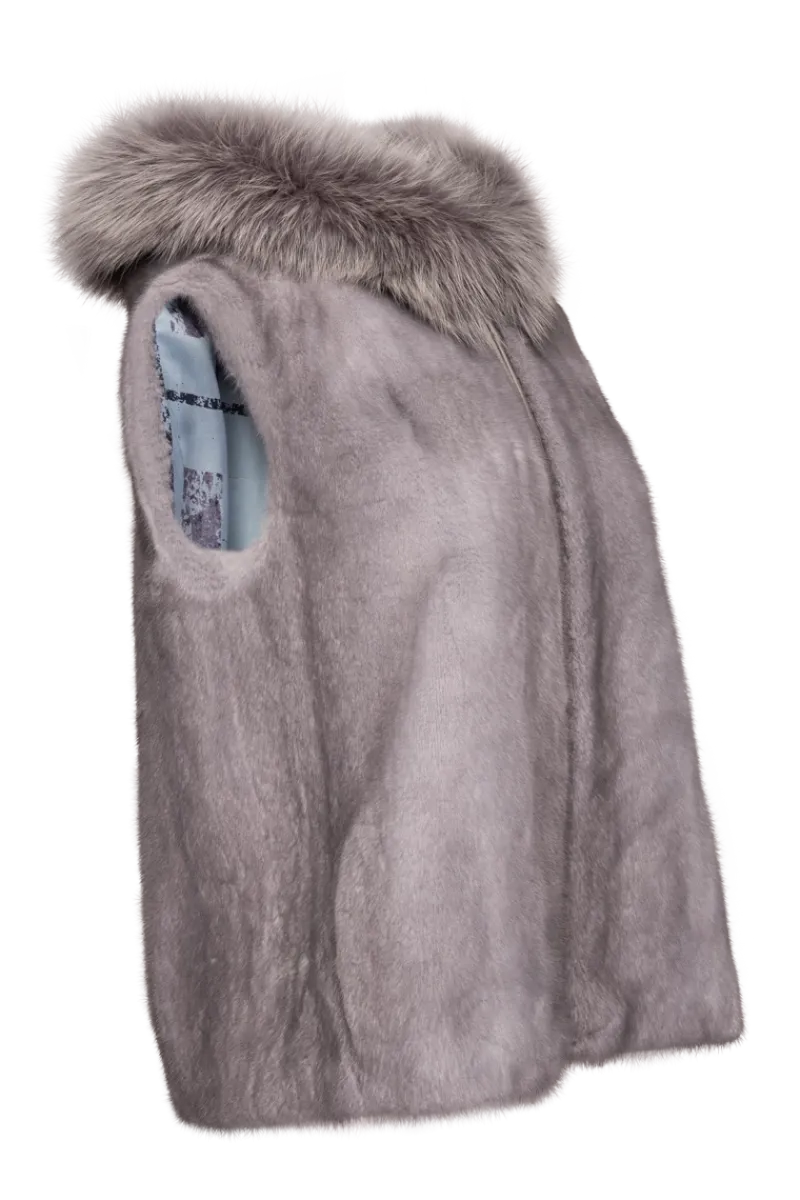 Discount Hooded Zip-Up Mink Fur Vest - Fox Fur Hood Trim Women Mink|Fur Vests
