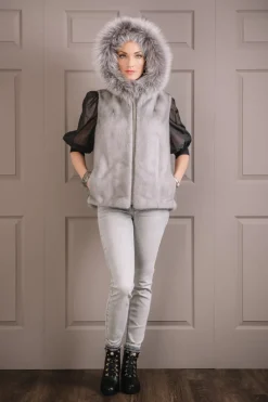 Discount Hooded Zip-Up Mink Fur Vest - Fox Fur Hood Trim Women Mink|Fur Vests