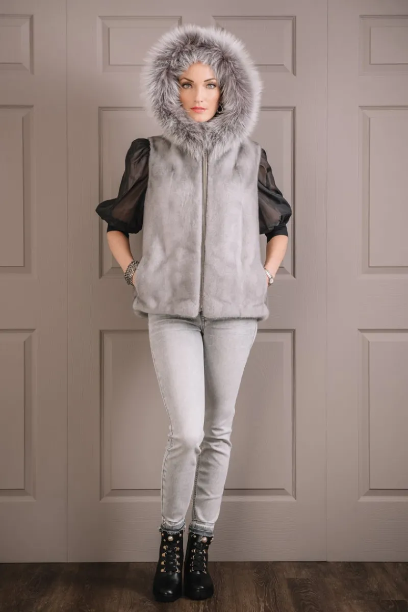 Discount Hooded Zip-Up Mink Fur Vest - Fox Fur Hood Trim Women Mink|Fur Vests