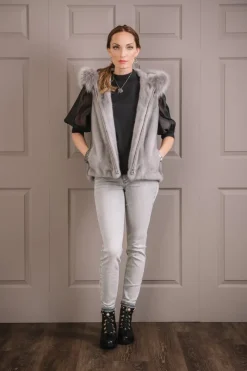 Discount Hooded Zip-Up Mink Fur Vest - Fox Fur Hood Trim Women Mink|Fur Vests
