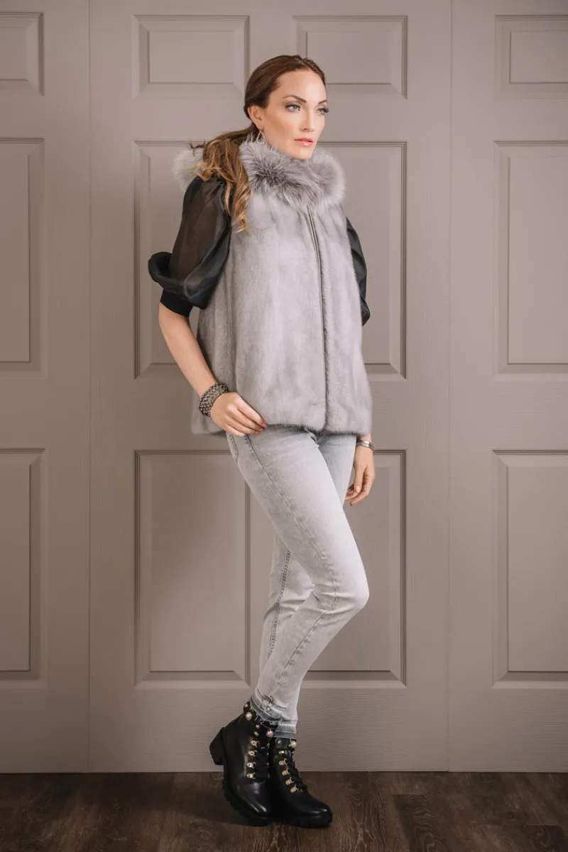 Discount Hooded Zip-Up Mink Fur Vest - Fox Fur Hood Trim Women Mink|Fur Vests
