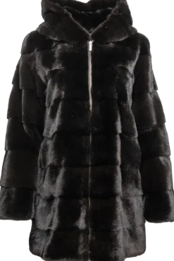 Horizontal Hooded Mink Fur Parka Women Fur Jackets