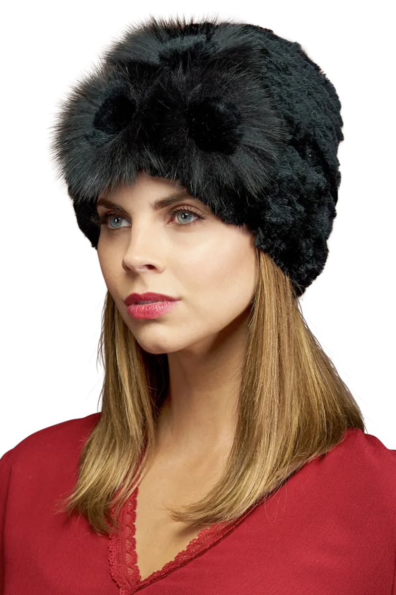 Clearance Knitted Rex Rabbit Fur Hat-Flower Detail Women Rex Rabbit|Hats