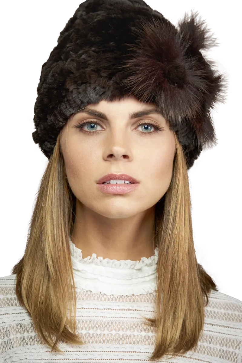 Clearance Knitted Rex Rabbit Fur Hat-Flower Detail Women Rex Rabbit|Hats