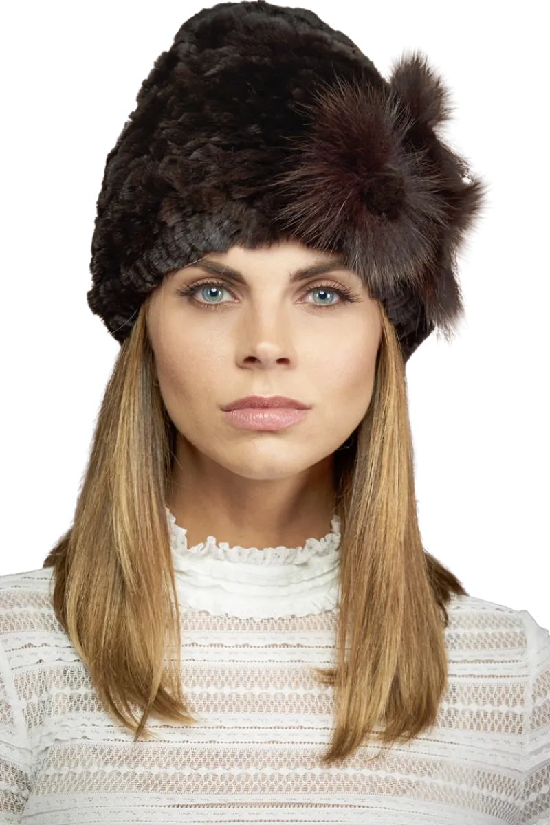 Clearance Knitted Rex Rabbit Fur Hat-Flower Detail Women Rex Rabbit|Hats