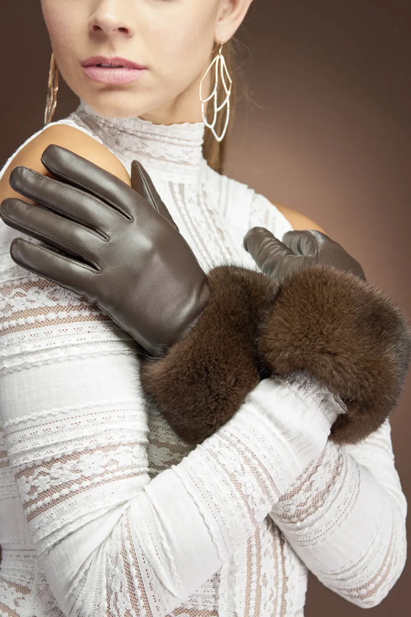Leather Gloves - Natural Mink Fur Trim Women Gloves