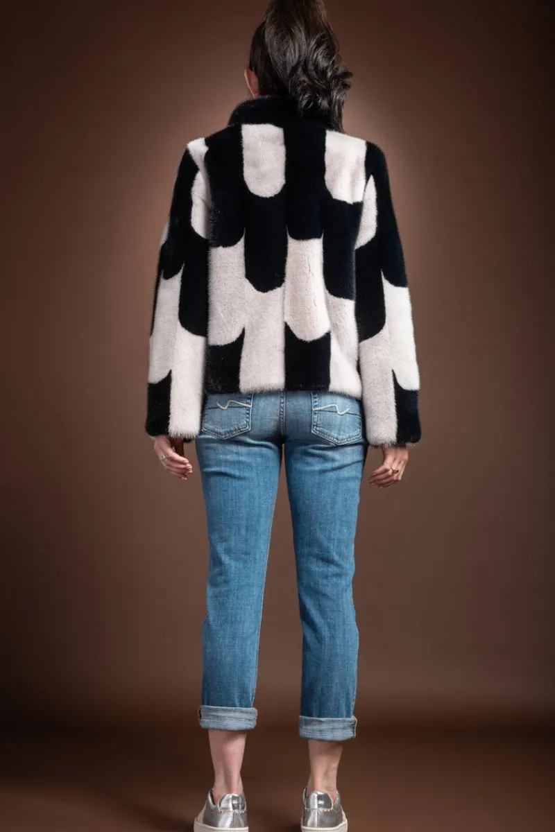 Clearance Navy and Gray Mod Print Snap Closure Mink Fur Jacket Women Fur Jackets